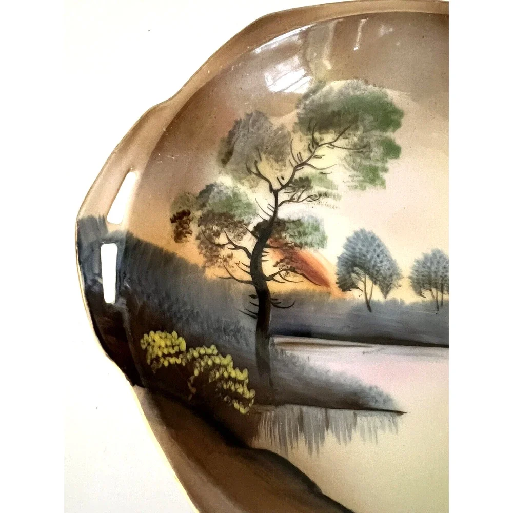 Noritake Vintage Bowl Handpainted Made in Japan Landscape Trees Water Green